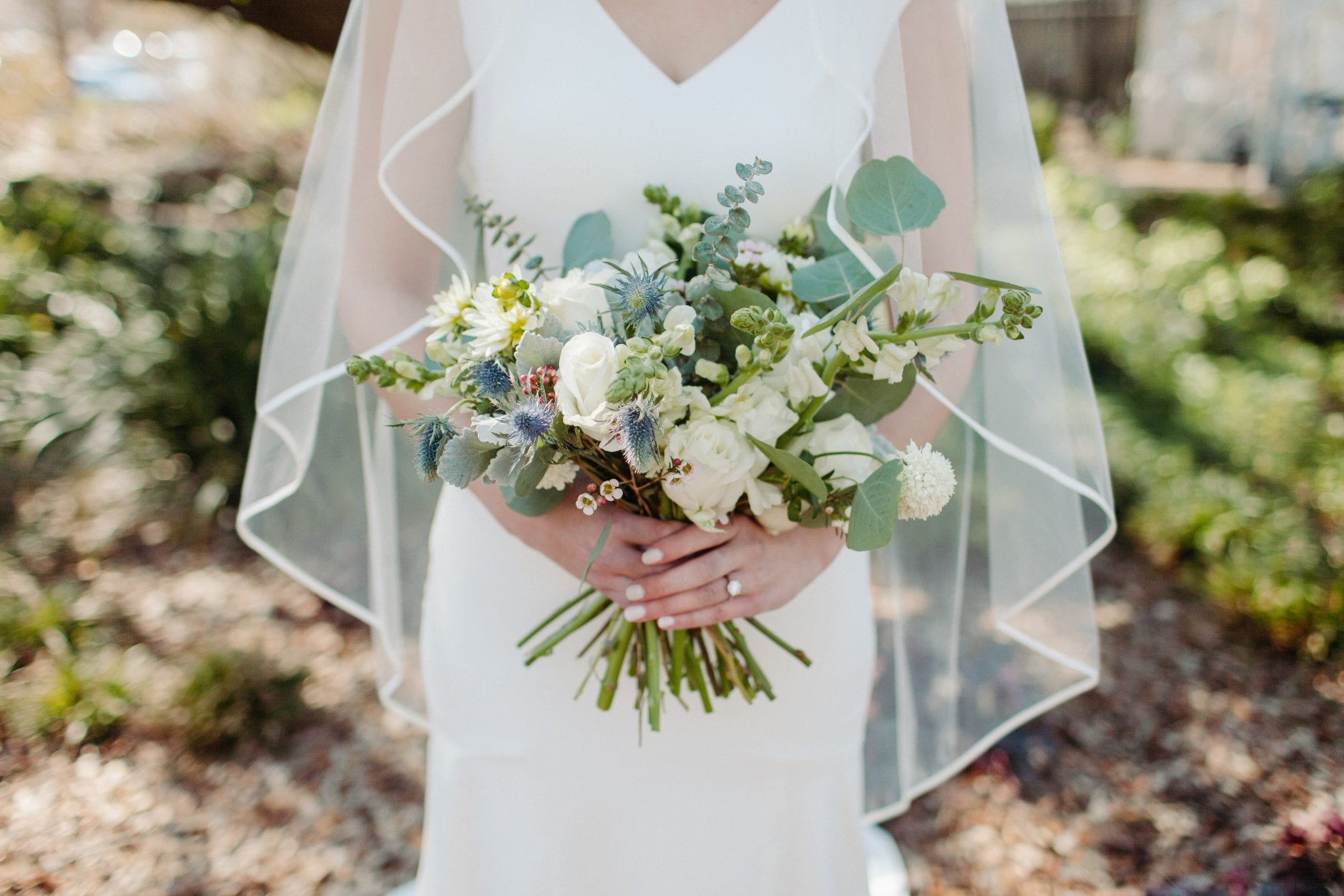 white and blue bridal bouquet