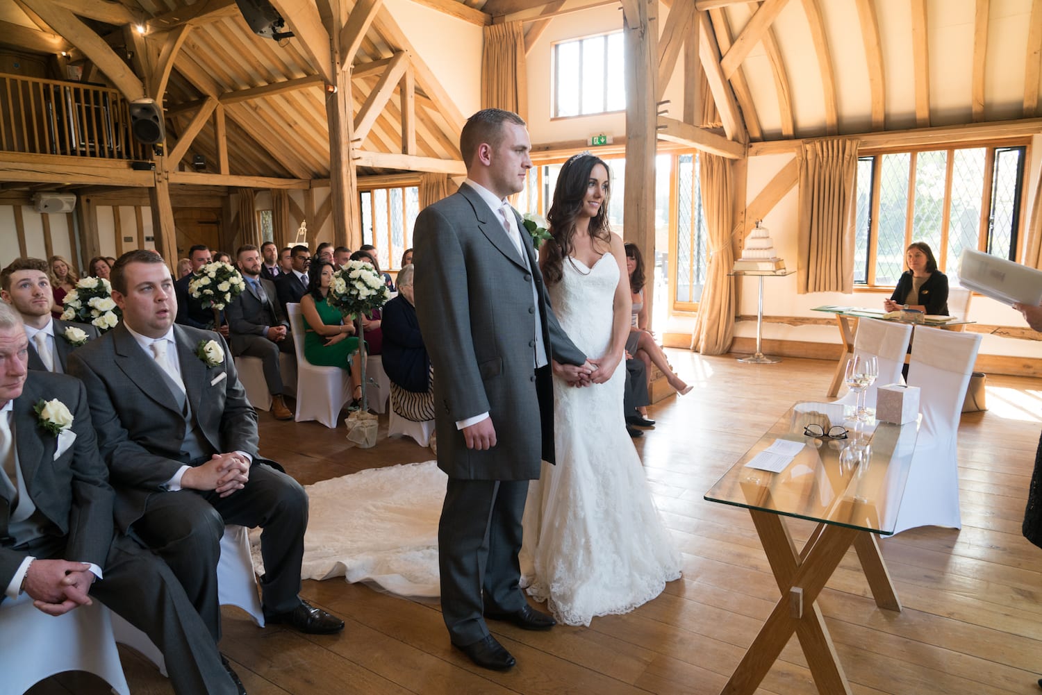 long cathedral train wedding dress ceremony Cain Manor barn