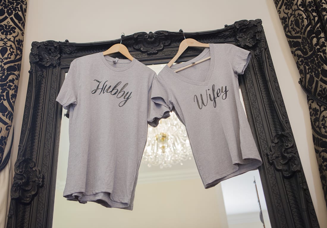 hubby wifey tshirts hanging in Botleys Mansion honeymoon suite