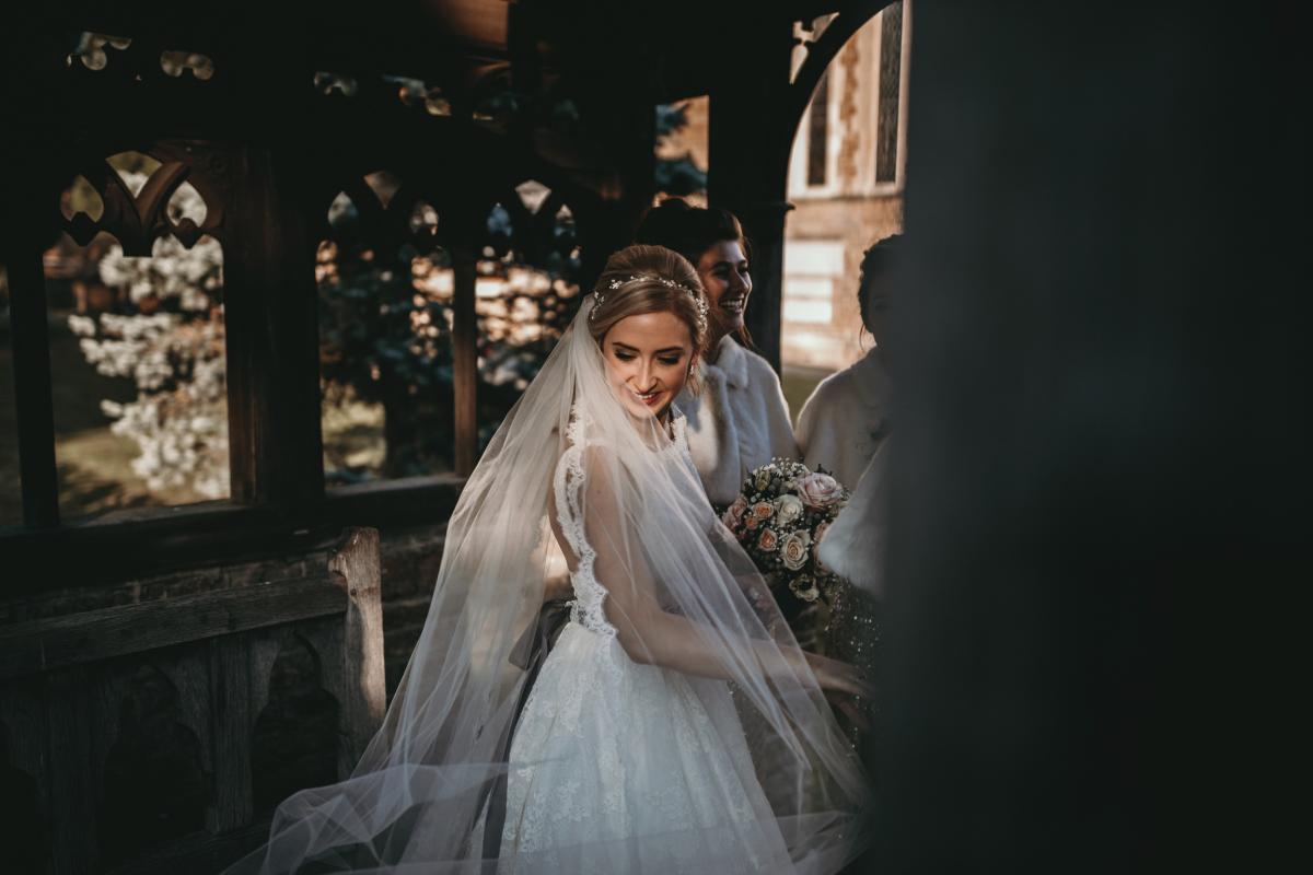 wedding dress and cathedral veil