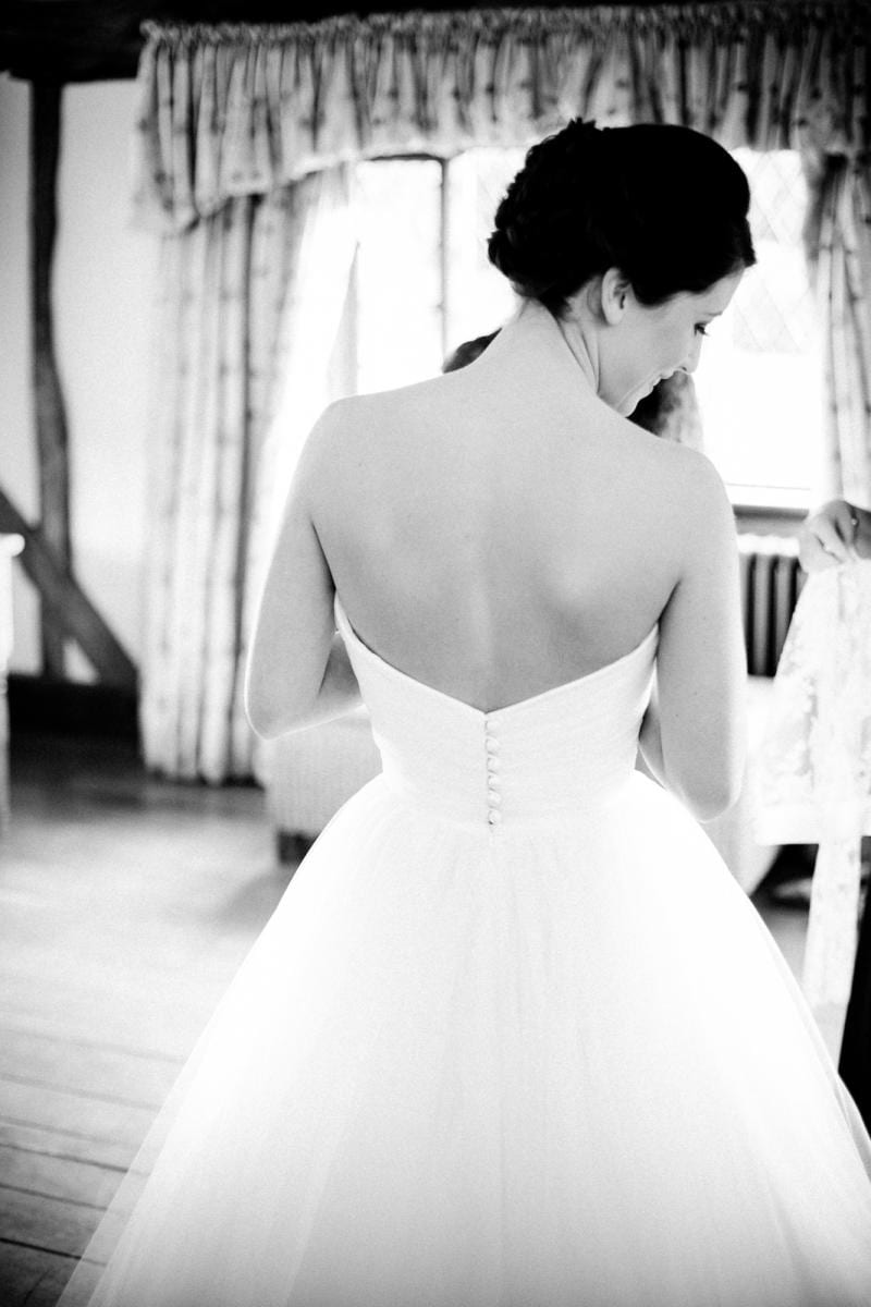 buttoned strapless bridal gown