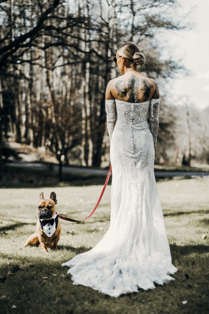 Cain Manor bride and dog in tux
