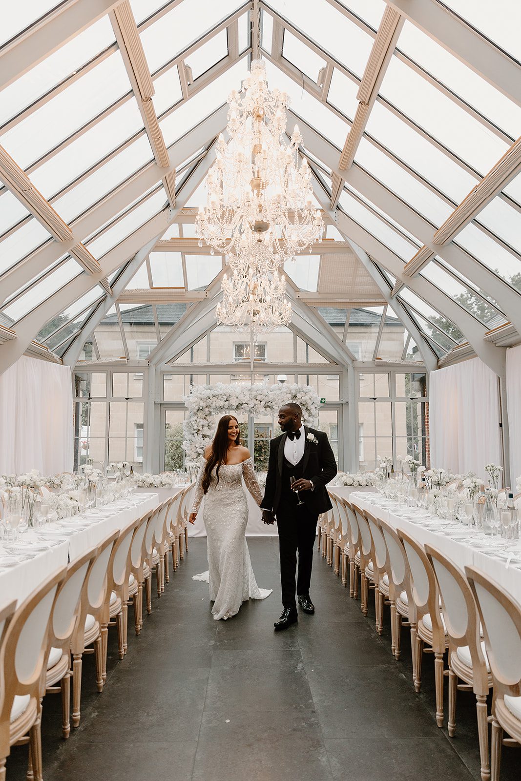 Long table set up for wedding breakfast near Hampshire