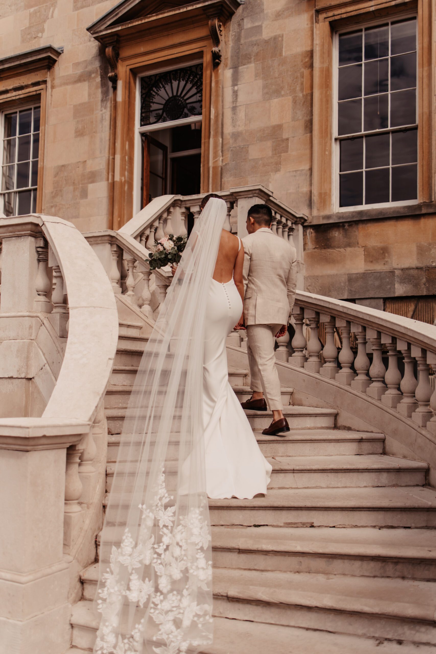 Bride and groom at Botleys Mansion in Chertsey