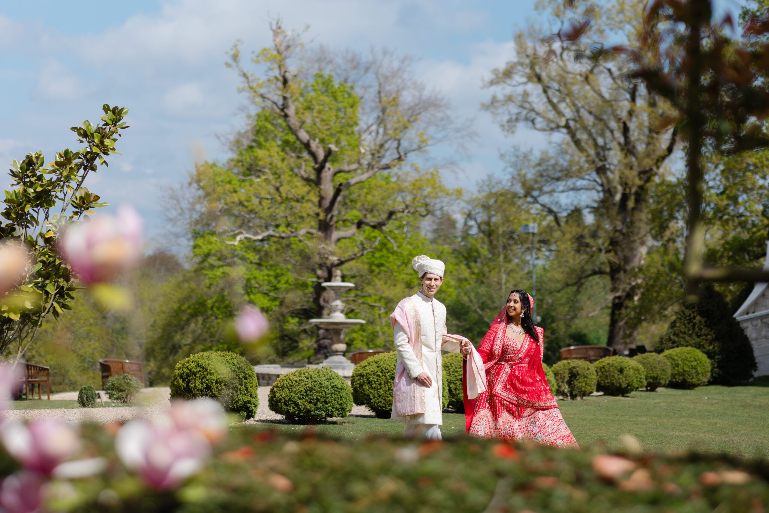 Hindu newlyweds in Botleys Mansion gardens